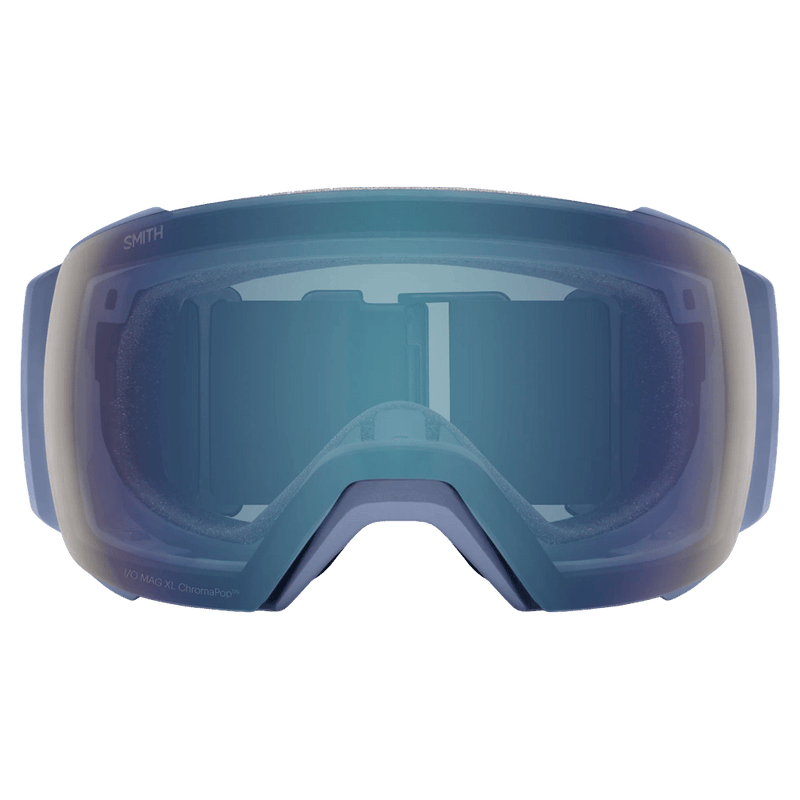 Front view of the Smith I/O Mag XL Low Bridge Goggles in Granite Blue, ChromaPop Everyday Blue Mirror lens, unisex model