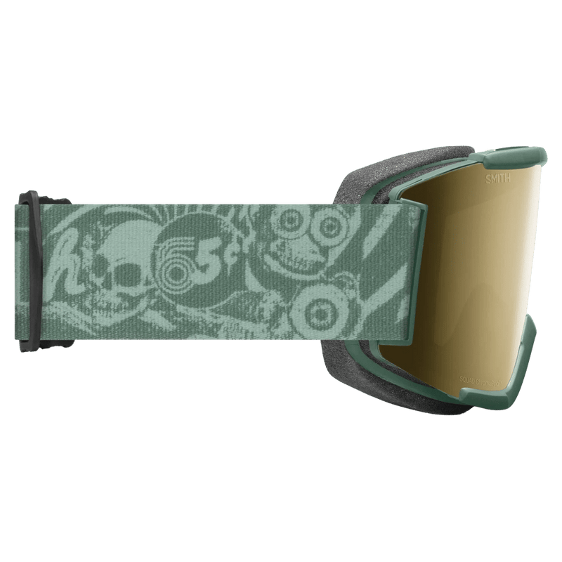 Side view of the Smith Squad Low Bridge Goggles in Cactus Zine, ChromaPop Sun Black Gold Mirror lens, unisex model