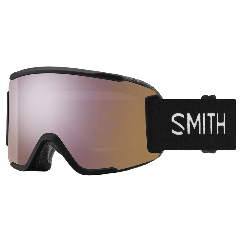 Main view of the Smith Squad S Goggles in Black, ChromaPop Everyday Rose Gold Mirror lens, unisex model