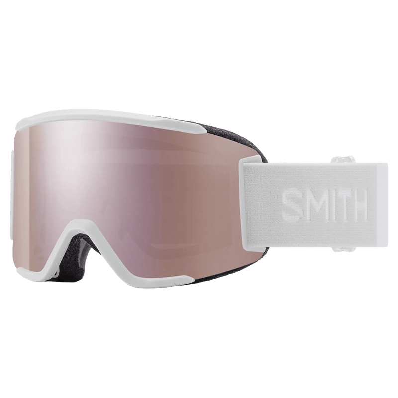 Main view of the Smith Squad S Goggles in White Vapor, ChromaPop Everyday Rose GoldMirror lens, unisex model