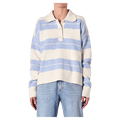 Front view of women in the Sofia Stripe Polo in colour Soft Blue