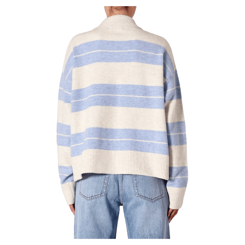 Back view of women in the Sofia Stripe Polo in colour Soft Blue