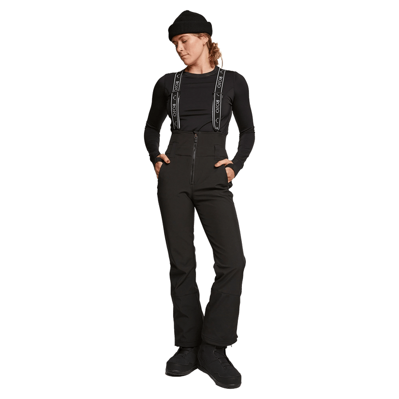 Front view of women wearing theRojo Softshell High Rise Ski Pants - Womens in colour True Black