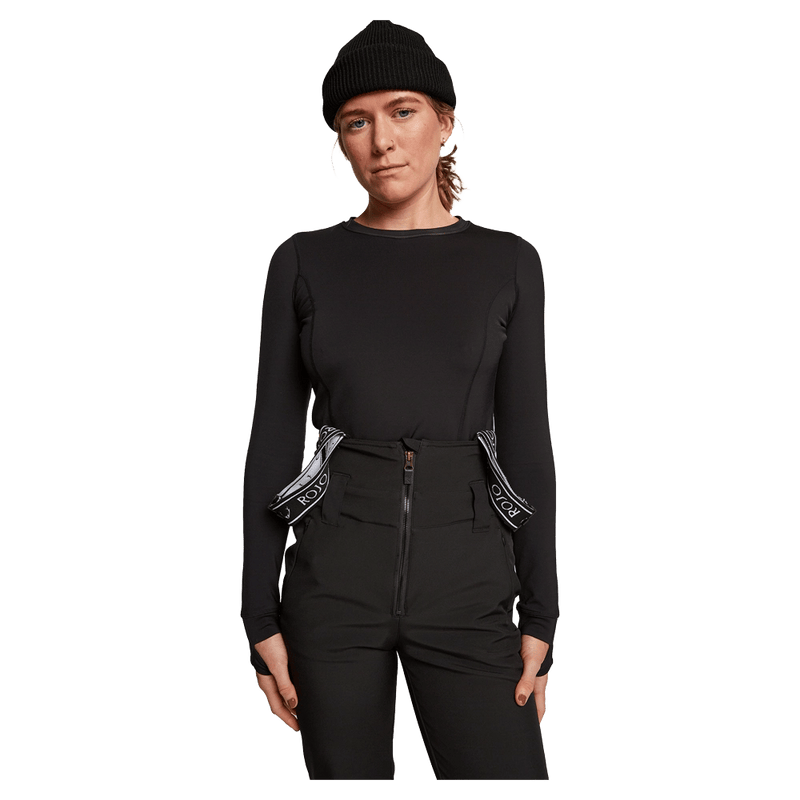 Front close view of women wearing theRojo Softshell High Rise Ski Pants - Womens in colour True Black
