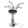 Silver Soto Windmaster camping stove with concave burner head and detached 4-prong pot support on a black background.
