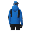 Rear view of a blue Spyder Monterosa ski jacket with black shoulder panels, orange accents, and a hood.