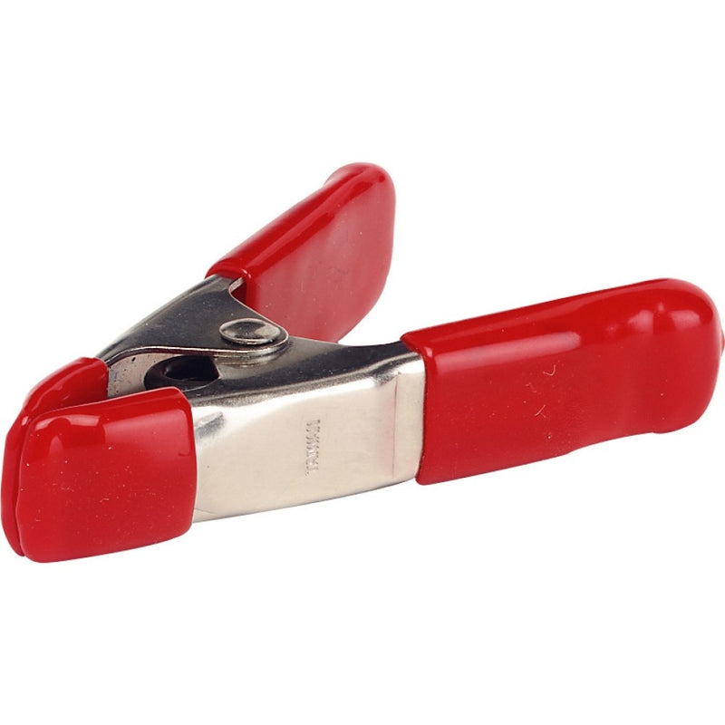 Metal clamp with hard red plastic covering on tip and handles