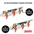 Swix 3 piece world cup ski vise in red shown on table holding skis in 2 angles with adjustable clamps and one vise with a wider center piece.