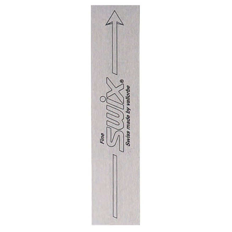 Swix rectangular stainless steel file with black writing.
