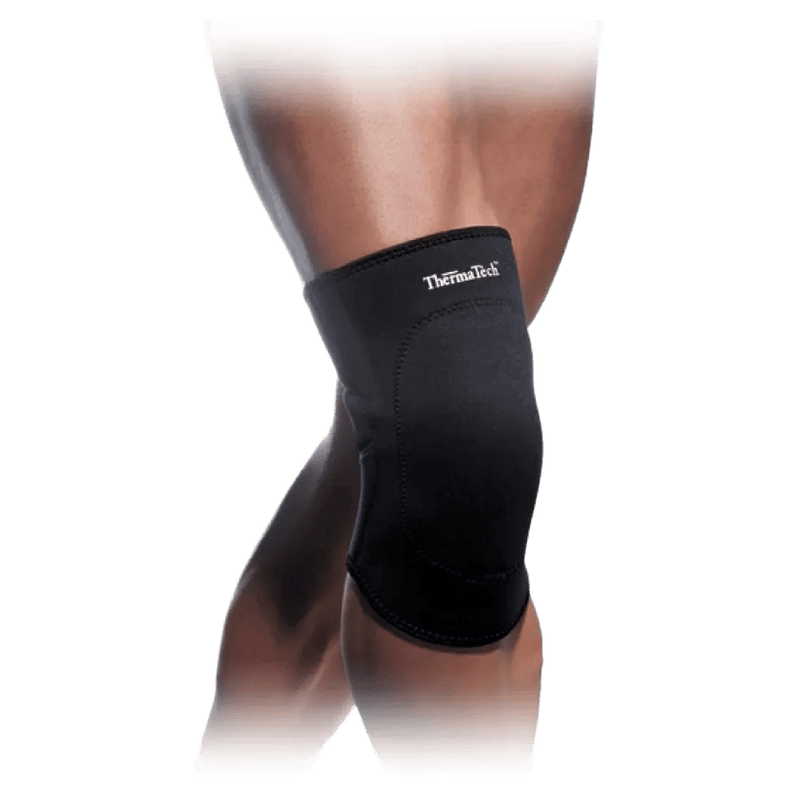 Therma Tech black knee pad support sleeve with padded front and white logo, shown on a person's leg.