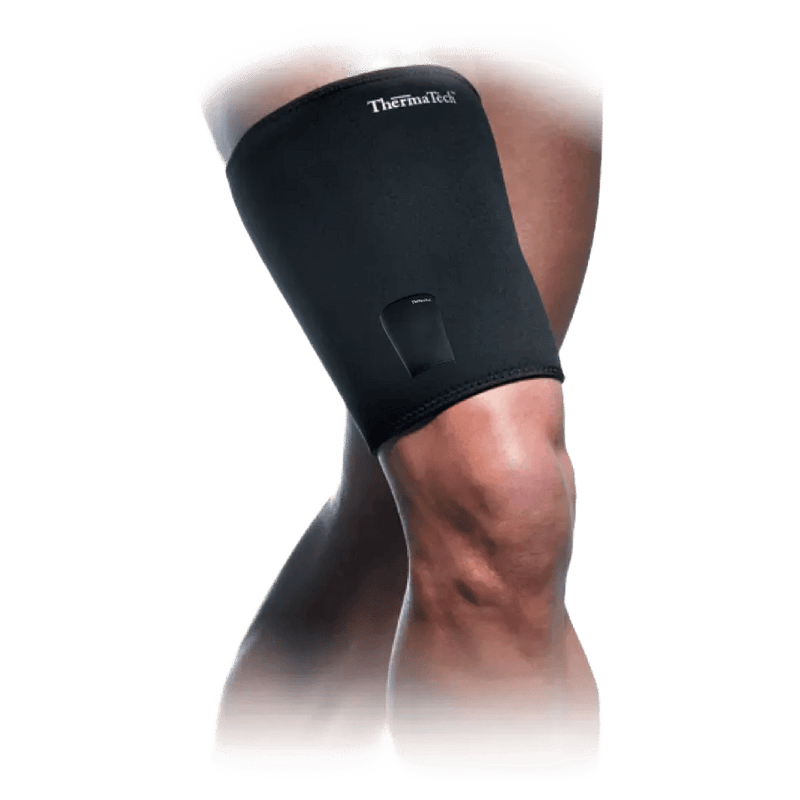 Black Therma Tech thigh compression sleeve with white logo, worn on a person's upper leg.