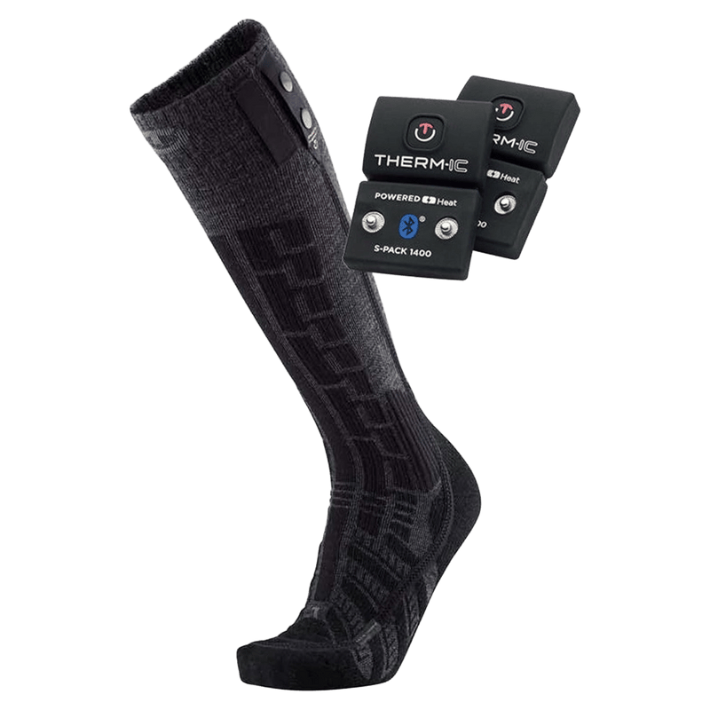 Dark grey knee-high heated sock with textured patterns and two black Therm-ic S-Pack 1400 battery packs.