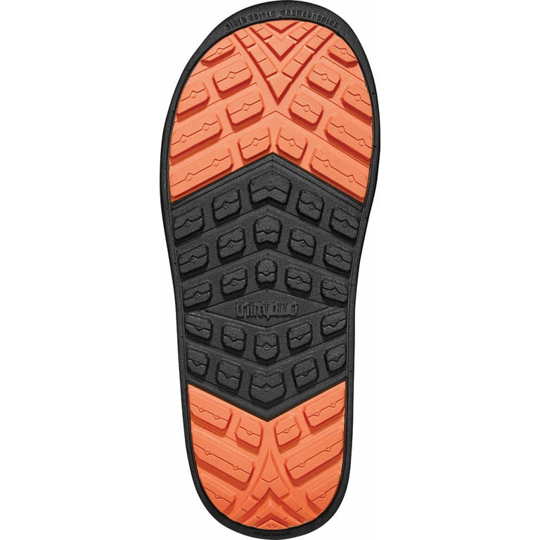 Bottom view of Thirtytwo Lashed Double BOA snowboard boot sole showing orange and black lugged tread pattern.