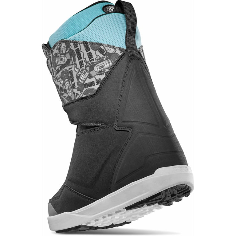 Black Thirtytwo Lashed Double BOA Snowboard Boots with teal liner and grey patterned cuff, rear view.