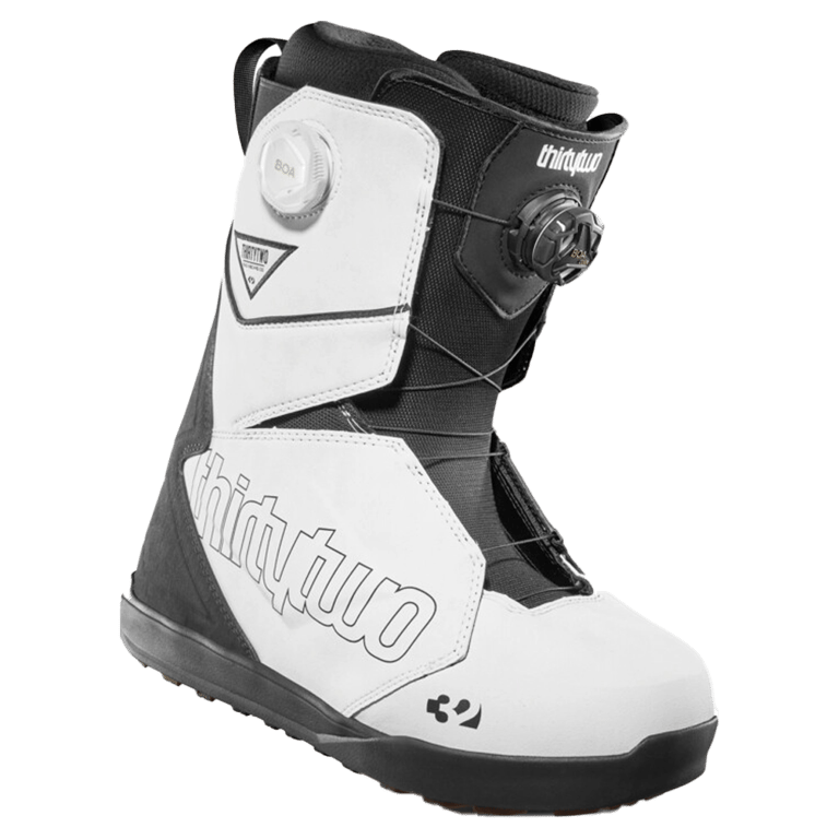 Black and white Thirtytwo Lashed Double BOA snowboard boots featuring dual lacing dials and side branding.