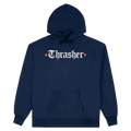 Navy blue Thrasher hoodie with white gothic text logo, orange diamonds, front pouch pocket, and drawstring hood.