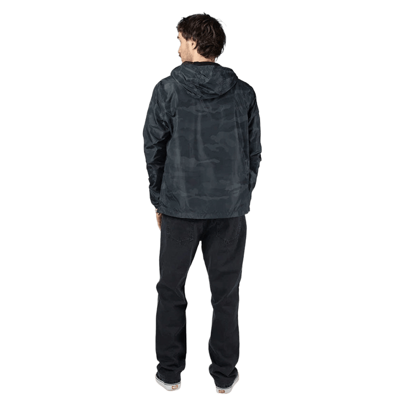 Thrasher THR X SF Thrash & Burn black camo anorak with white chest logo, half-zip, hood, and front pouch pocket.