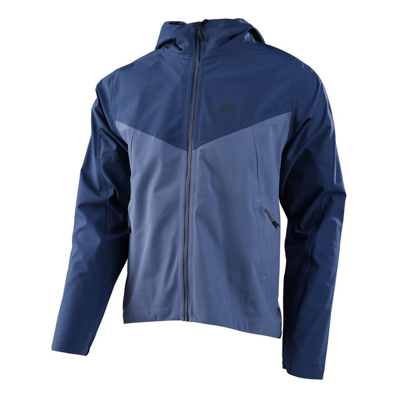 Two-tone blue Troy Lee Designs Descent Bike Jacket with a hood, full-zip front, and zippered pockets.