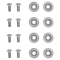 Union silver snowboard binding mounting hardware set with eight screws and eight washers on a black background.
