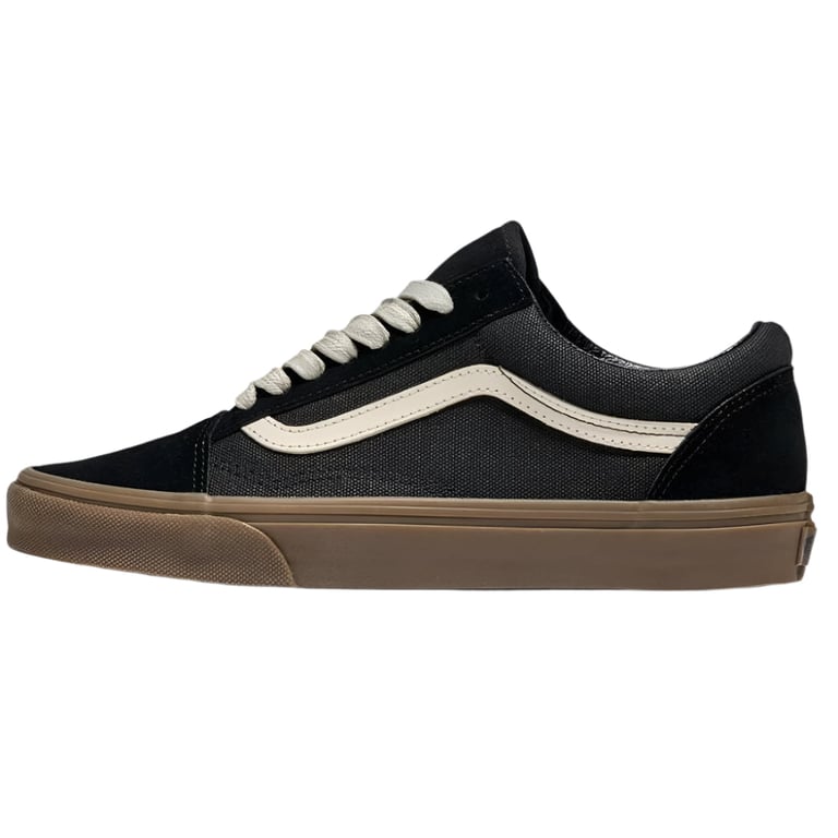 Black Vans Old Skool shoe with white sidestripe, off-white laces, and a brown gum rubber sole in a side profile view.