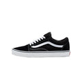Black Vans Old Skool low-top sneaker with white side stripe, white laces, and white rubber sole in side profile view.