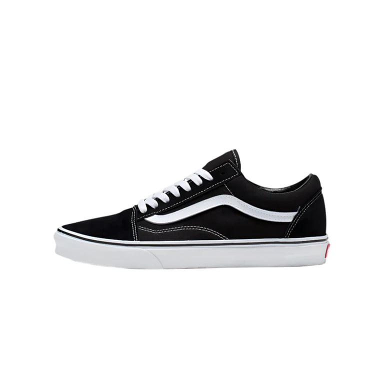 Black Vans Old Skool low-top sneaker with white side stripe, white laces, and white rubber sole in side profile view.