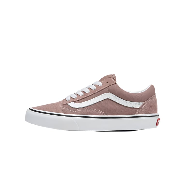 Dusty rose Vans Old Skool sneaker with white side stripe, white laces, and white rubber sole from a side profile.
