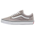 Grey Vans Old Skool shoe with white side stripe, white laces, and white rubber sole in a side profile view.
