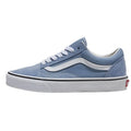 Light blue Vans Old Skool shoe in a side profile with white side stripe, white laces, and white rubber midsole.