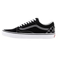 Black Vans Old Skool shoe with white laces, grey side stripe, and checkerboard heel detail on a white midsole.