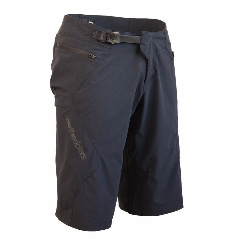 We The Riders Slayer Trail Shorts for kids in navy blue with an adjustable waist buckle and zippered side pocket.