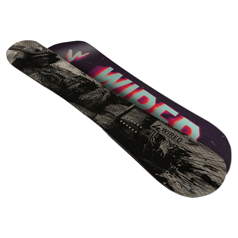 Wired Arc Snowboard with a black and white samurai top graphic and a neon pink and orange logo on the dark base.2