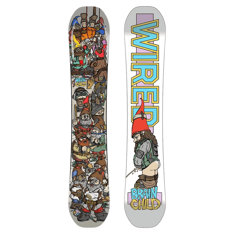 Wired 2027 Chris Haslam Artist Snowboard with colorful gnome cartoon graphics and vertical brand logo on a white base.
