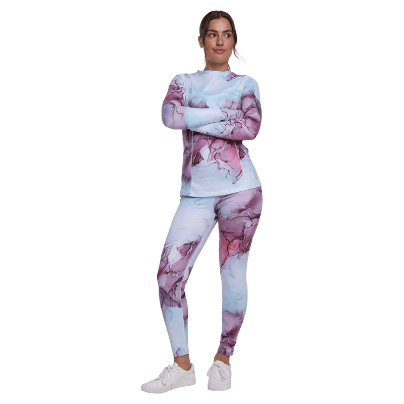 Front view of women wearing Rojo Living Best Life Crew Neck Top - Womens in Rosewater