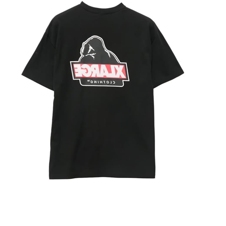 Back view of a black short-sleeve t-shirt featuring a large X-Large gorilla logo with mirrored red and white text.