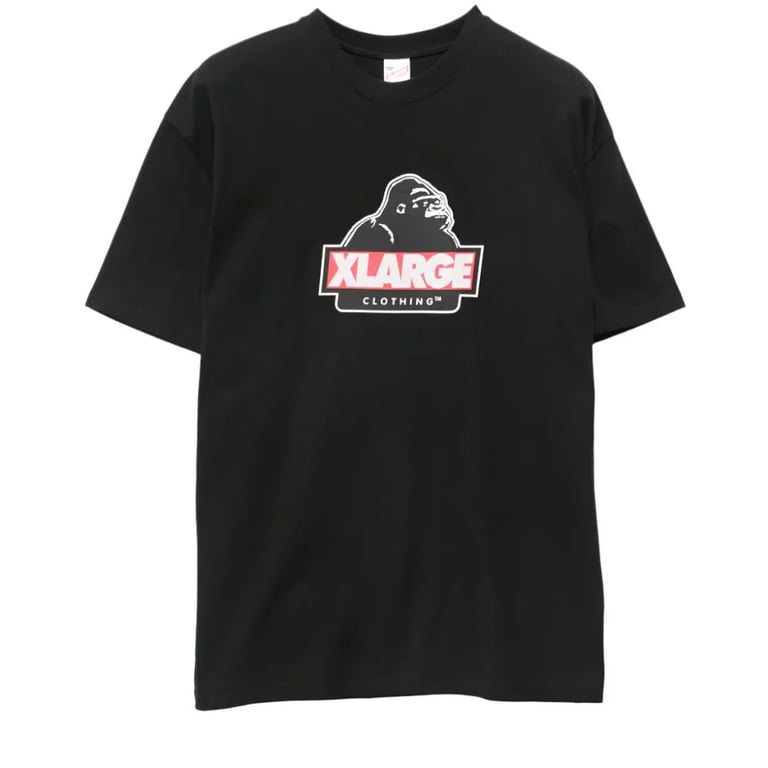 Black short-sleeve crew neck t-shirt with a central gorilla graphic and red XLARGE CLOTHING logo on the chest.