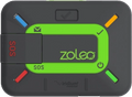 Dark grey Zoleo Satellite Communicator with a green center, SOS button, and four colored LED status indicators.