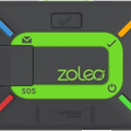 Dark grey Zoleo Satellite Communicator with a green center, SOS button, and four colored LED status indicators.