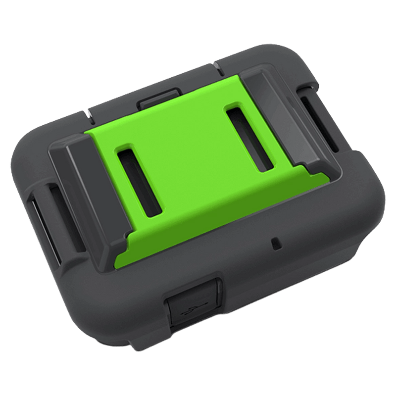 Angled view of a dark grey and lime green Zoleo Satellite Communicator mounting cradle with strap slots.