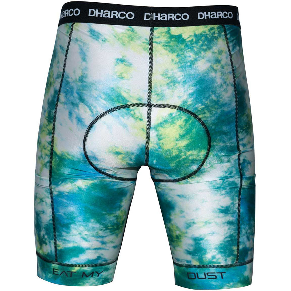 Men's padded shorts for biking in white, green, and blue tie dye.