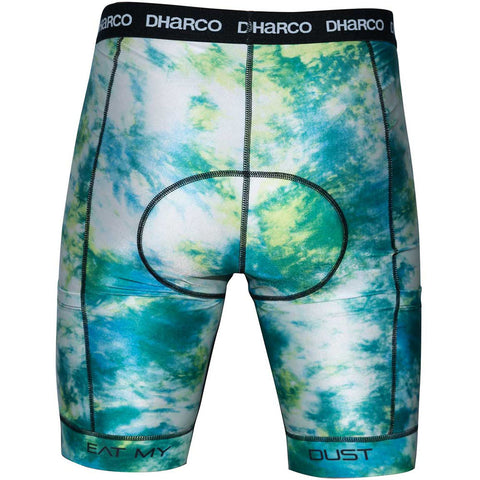 Men's padded shorts for biking in white, green, and blue tie dye.