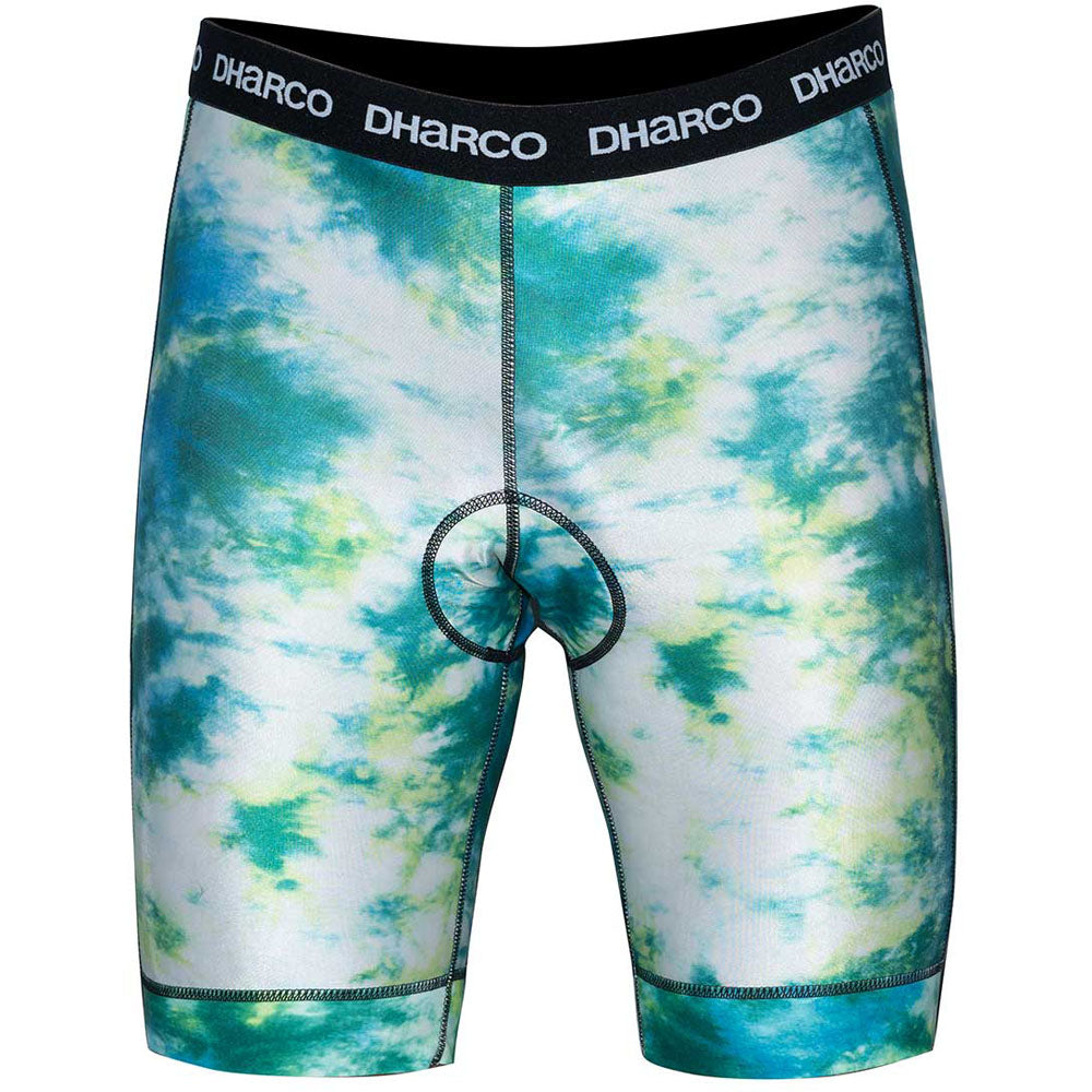 Men's padded shorts for biking in white, green, and blue tie dye.