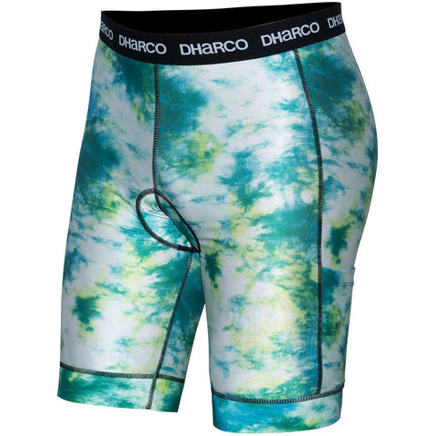 Men's padded shorts for biking in white, green, and blue tie dye.