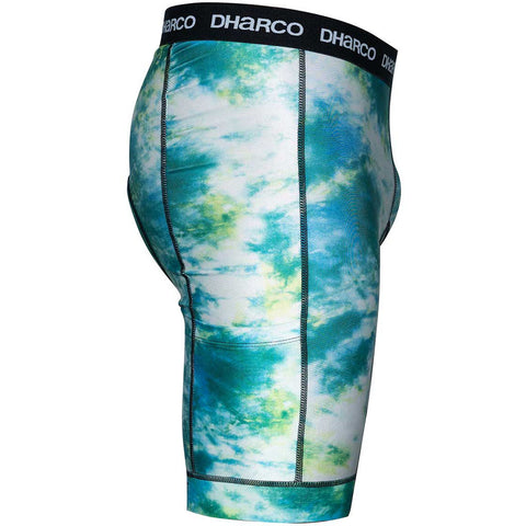 Men's padded shorts for biking in white, green, and blue tie dye.