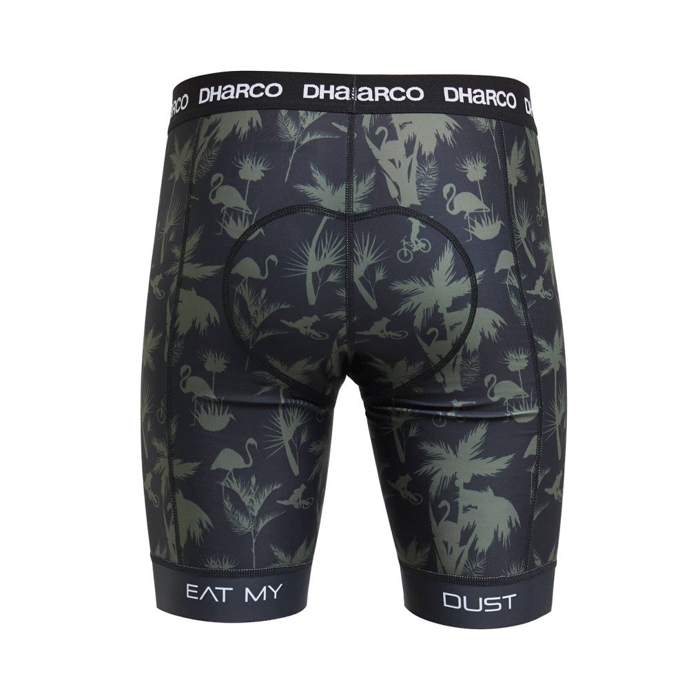 Dharco Padded Party Pants in black with green palm trees.