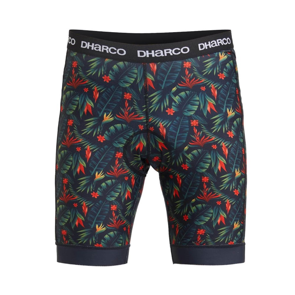 Dharco Padded Party Pants in black with red and green tropical print.
