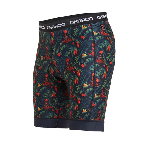Dharco Padded Party Pants in black with red and green tropical print side.