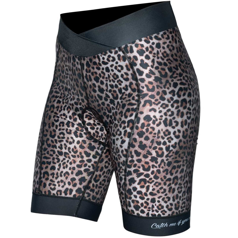 Leopard print padded shorts for cycling.