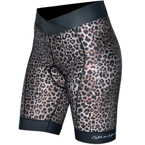 Leopard print padded shorts for cycling.