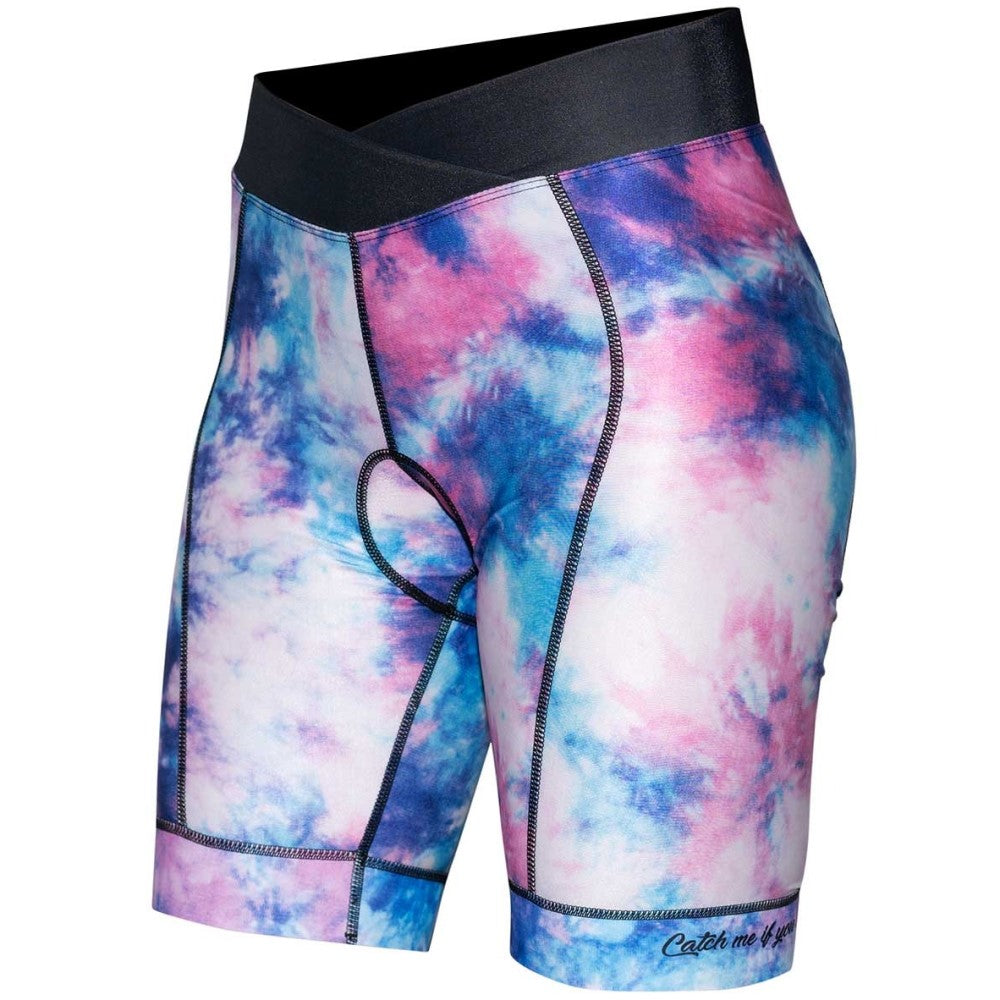 Padded cycling shorts for women in light blue, white, and pink tie dye.